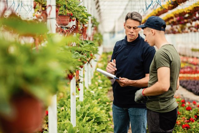 Quality Control Inspector Worker Talking While Going Through List Plants Greenhouse
